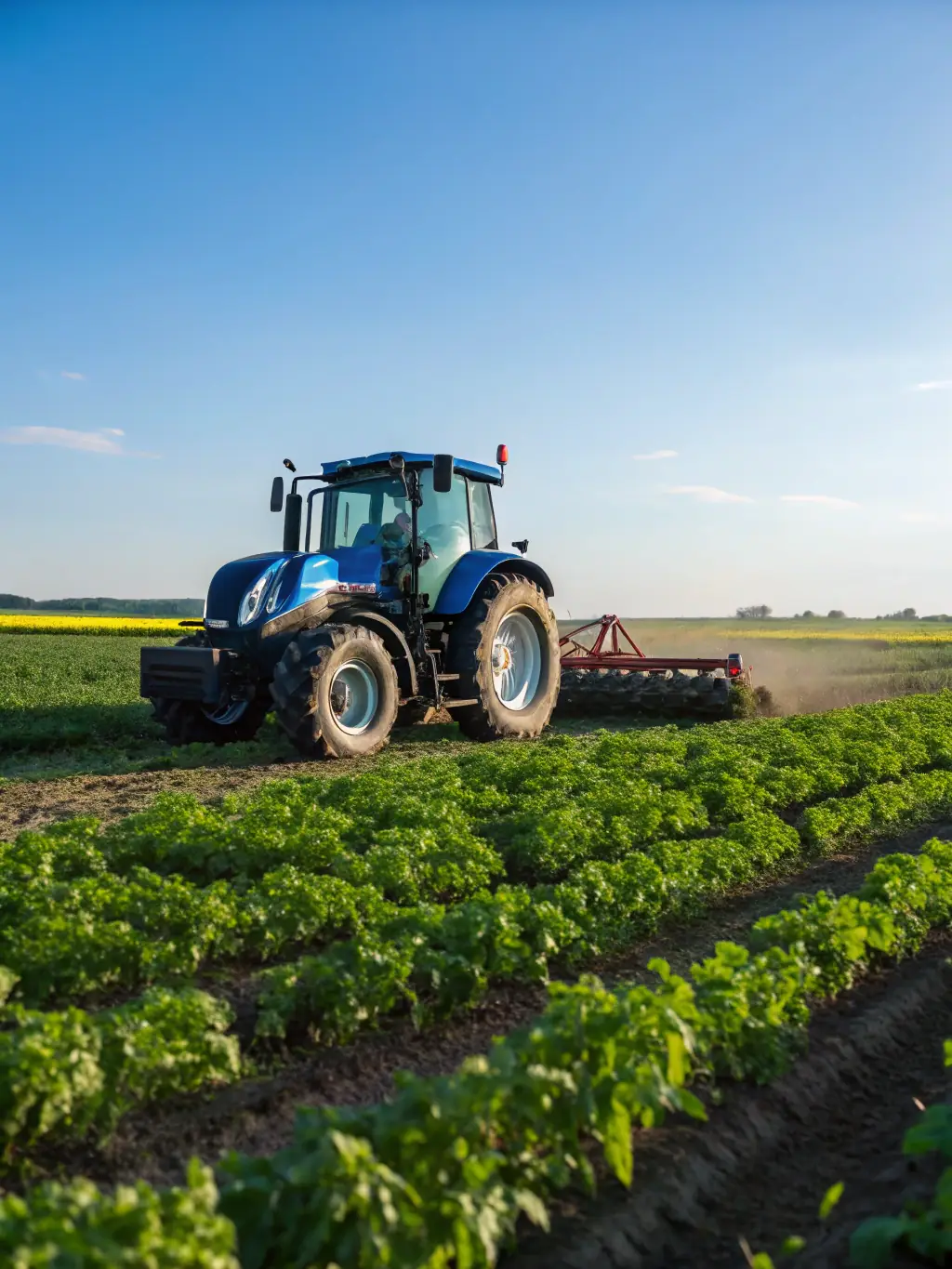 A GTMX autonomous tractor plowing a field with precision, optimizing planting and harvesting processes, demonstrating its ability to improve agricultural yields and reduce labor costs.