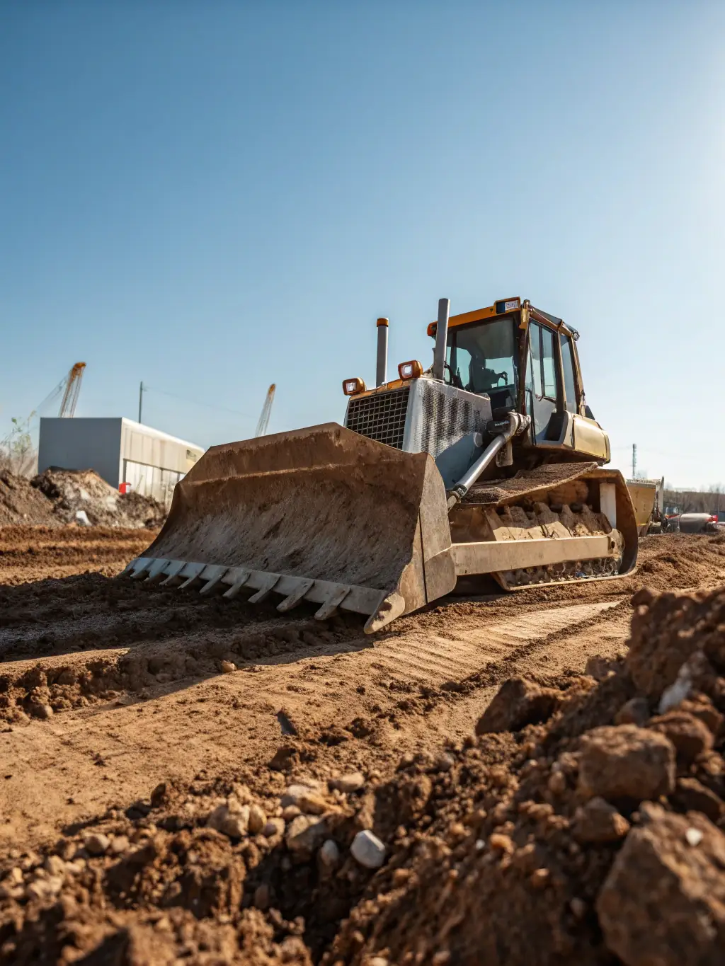 A GTMX autonomous bulldozer clearing debris and leveling ground at a construction site, demonstrating its precision and efficiency in preparing the site for building.
