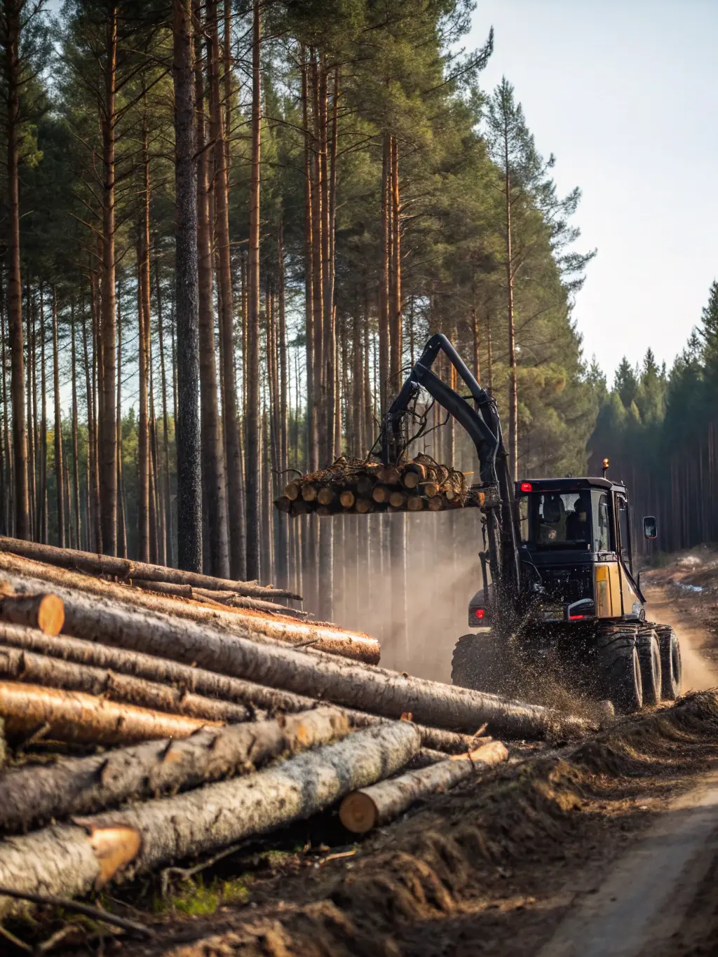 A GTMX autonomous forestry vehicle navigating through a dense forest, selectively harvesting trees while minimizing damage to the surrounding ecosystem, showcasing sustainable forestry practices.