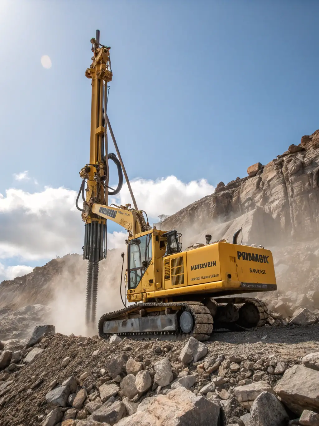 A GTMX autonomous excavator working at a remote mining site, precisely digging and loading materials, showcasing its ability to operate in harsh conditions with minimal human supervision.