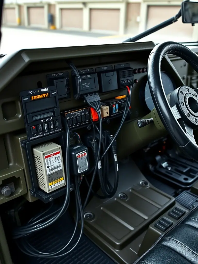 A close-up of the drive-by-wire integration on a HMMWV, showcasing the seamless connection between GTMX Labs' autonomy system and the vehicle's controls. The integration is robust and reliable.
