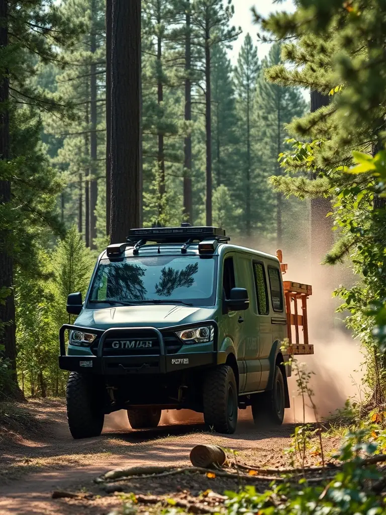 A high-resolution image of a forestry vehicle equipped with GTMX Labs' autonomy kit, navigating a dense forest environment. The vehicle is autonomously cutting and processing trees, showcasing the efficiency and precision of the system.
