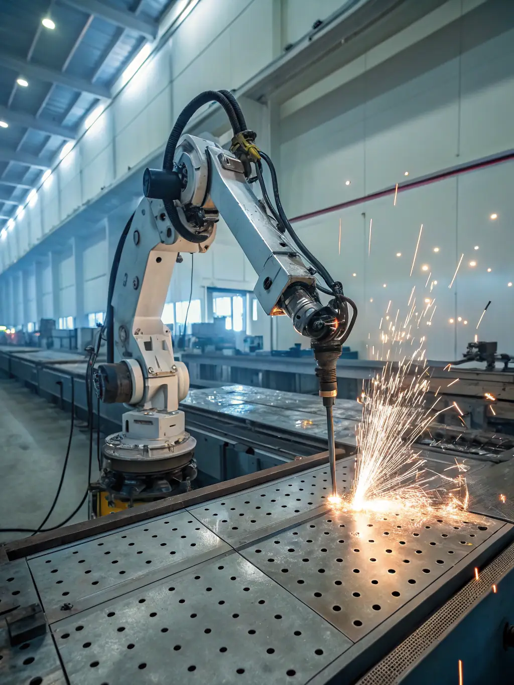 An image of a robotic arm precisely welding a component in a heavy machinery manufacturing plant, highlighting gtmxlabs' capabilities in automation.