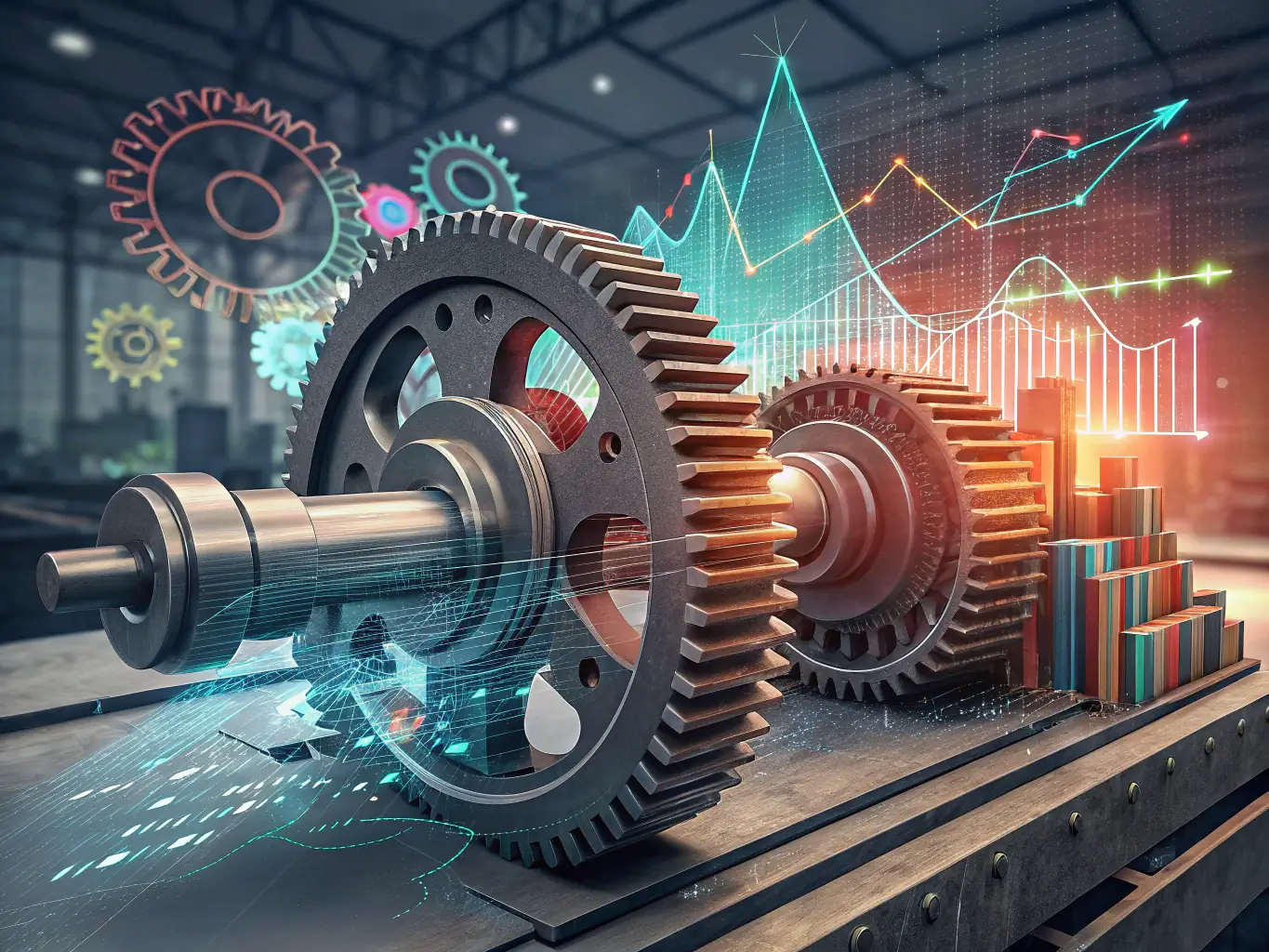 A futuristic image representing AI-driven predictive maintenance, showing a digital overlay on a piece of heavy machinery, highlighting potential issues and maintenance schedules.