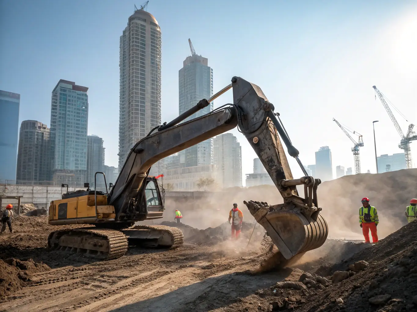 An image depicting heavy machinery operating autonomously in a construction site, powered by gtmxlabs' autonomy platform. The image should emphasize safety and precision.